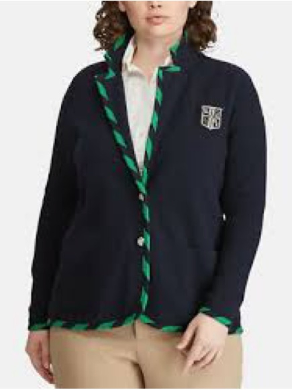 Lauren Ralph Lauren Navy Knit Blazer with Striped Green Trim and Crest Size L